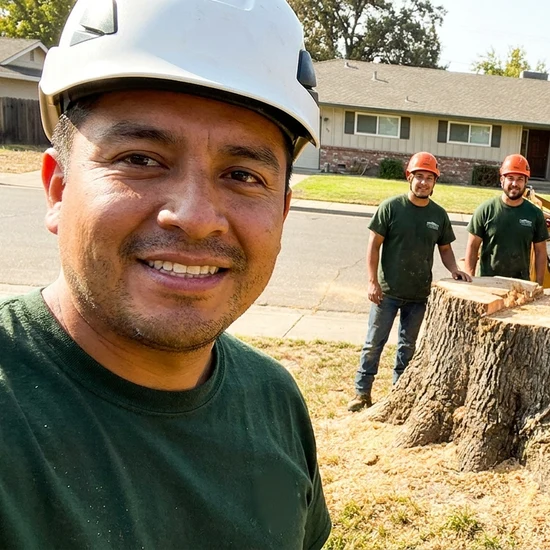 Smiling Cut Rite Tree Service LLC crew selfie after removing a large oak in Fresno