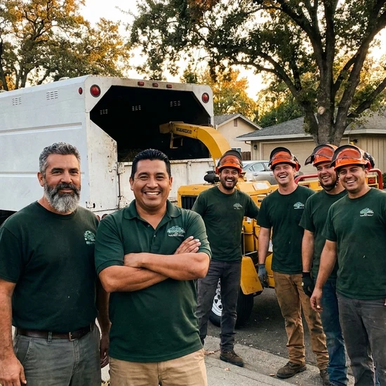 Tree service owner and crew with chip truck on a Fresno street